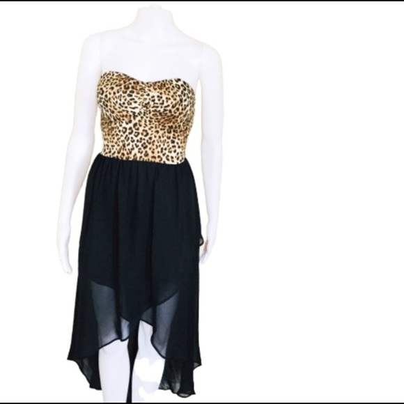 FOREIGN EXCHANGE Animal Print Strapless Bandeau Dress With Hi Lo Fit Black Small - Picture 3 of 9